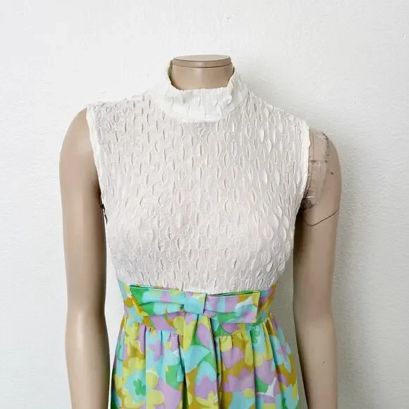 [Vintage] 60s 70s Cream Mock Neck Groovy Floral Print Bow Maxi Dress Sz Medium M - Picture 3 of 12